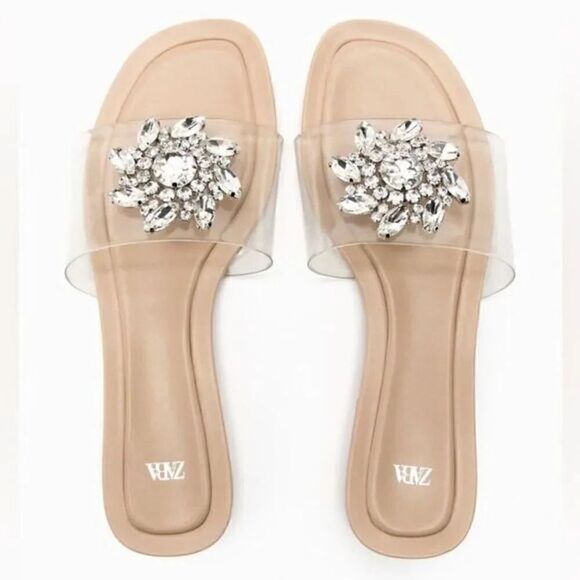 ZARA EMBELLISHED VINYL FLAT SANDALS‎ - Picture 1 of 8